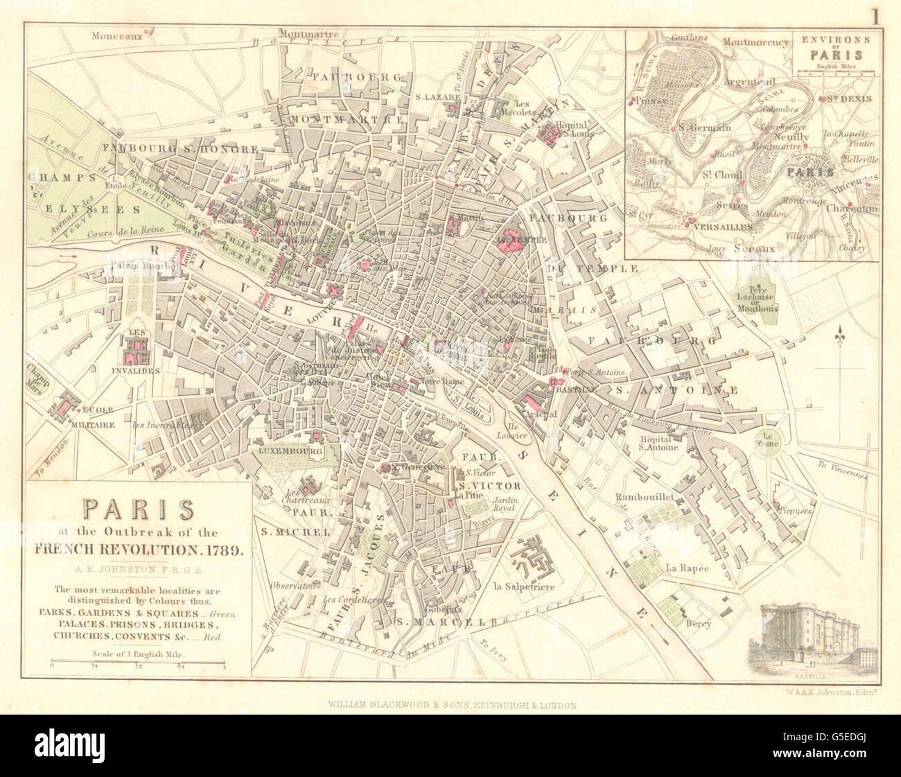 PARIS: Bei Ausbruch der Revolution 1789. Französische revolutionäre Kriege, 1848 alte Karte Stockfoto