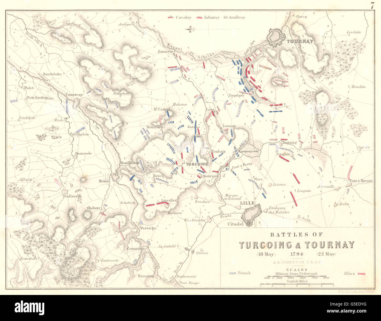 Schlachten des TURCOING & TOURNAY: 18-22 Mai 1794. Nord, 1848 Antike Landkarte Stockfoto