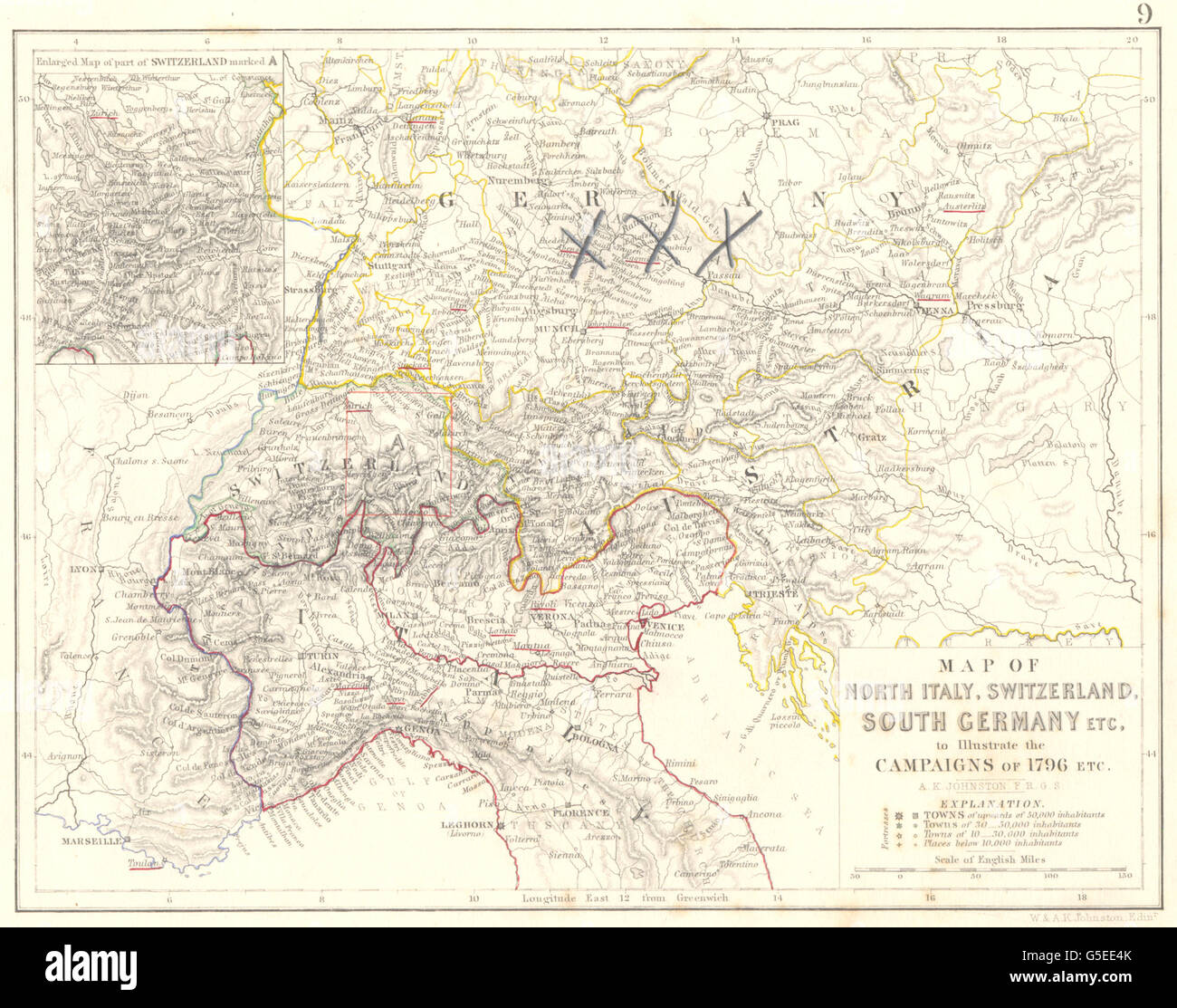 1796 Kampagnenkarte: Nord-Italien, Schweiz, Süddeutschland, 1848 Stockfoto