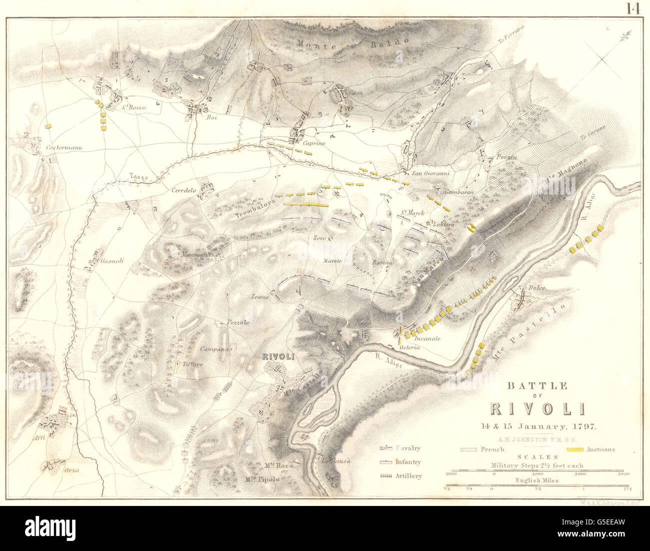 Schlacht von RIVOLI: 14.-15. Januar 1797. Französische revolutionäre Kriege, 1848-Karte Stockfoto
