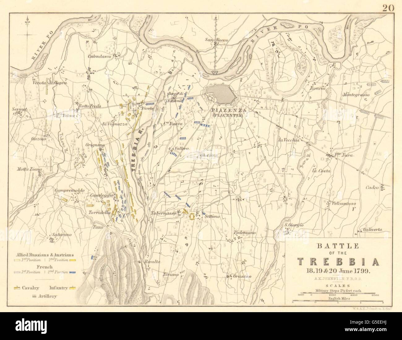 Schlacht an der TREBBIA: 18., 19. und 20. Juni 1799. Italien, 1848 Antike Landkarte Stockfoto