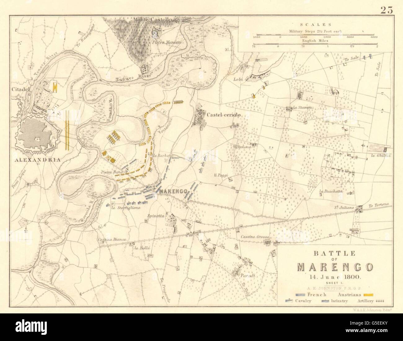 Schlacht von MARENGO: 14. Juni 1800. Blatt 1. Napoleonische Kriege, 1848 Antike Landkarte Stockfoto