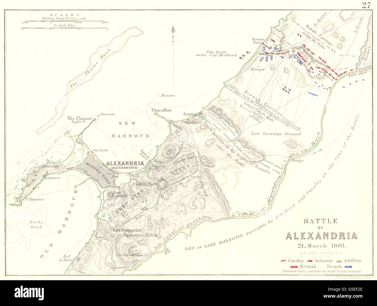 Schlacht von ALEXANDRIA: 21. März 1801. Ägypten. Napoleonischen Kriege 1848 alte Karte Stockfoto