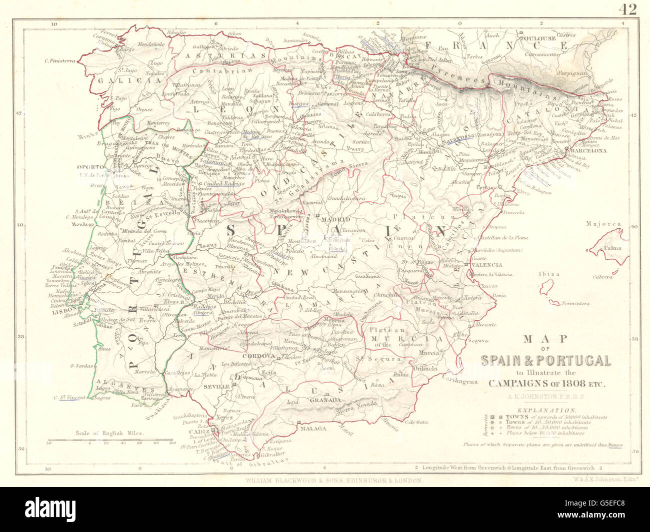 Spanien & PORTUGAL: Veranschaulichen Sie die Kampagnen 1808. Napoleonische Kriege, 1848-Karte Stockfoto