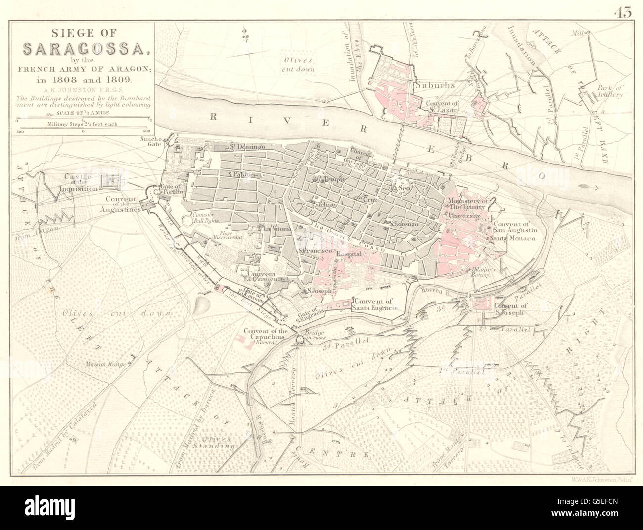 Belagerung von ZARAGOZA nach der französischen Armee von ARAGON: im Jahre 1808 1809. Spanien, 1848-Karte Stockfoto