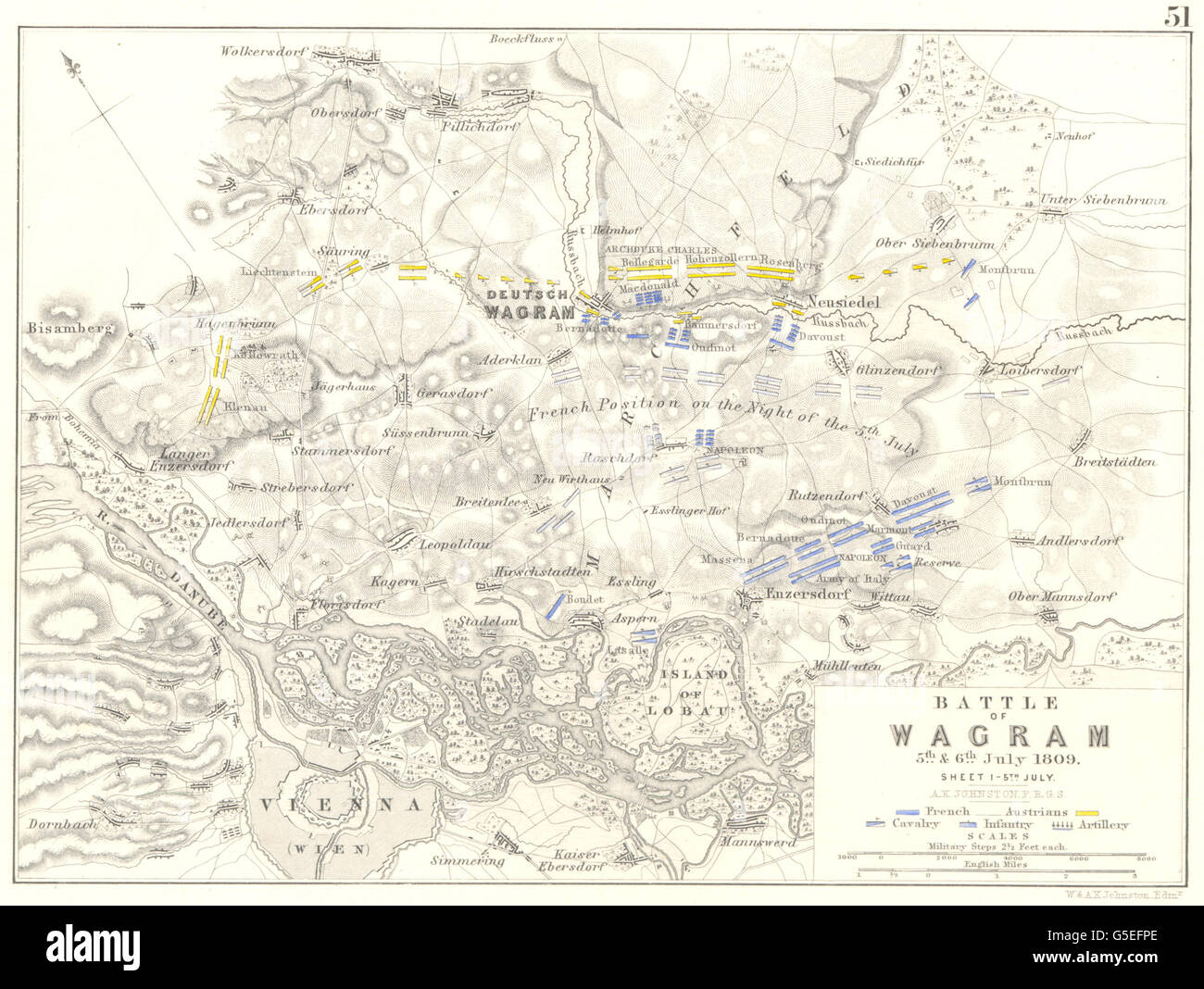 Schlacht von WAGRAM: 5. & 6. Juli 1809 - Blatt 1. Österreich, 1848 Antike Landkarte Stockfoto