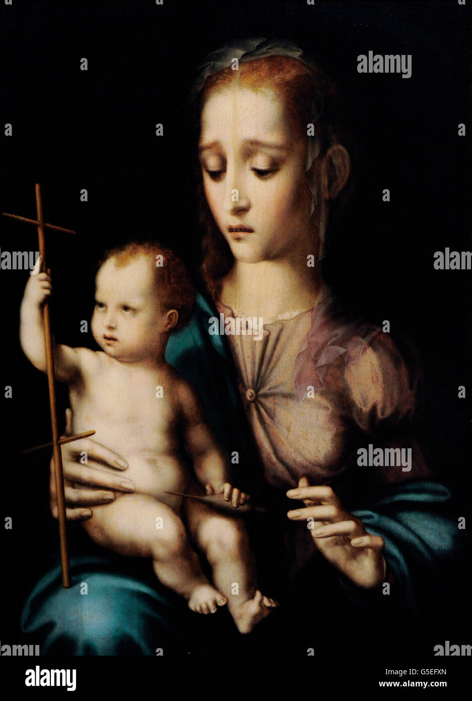 Luis de Morales (1509-1585). Spanischer Maler der Renaissance. Madonna und Kind mit einem kreuzförmigen Spinnrocken, 1570. Die Eremitage. Sankt Petersburg. Russland. Stockfoto