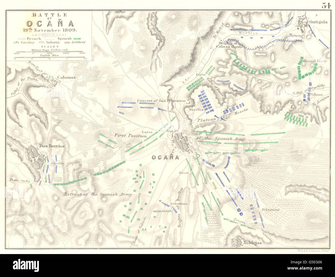 Schlacht von OCANA: 19. November 1809. Spanien. Napoleonische Kriege, 1848 Antike Landkarte Stockfoto