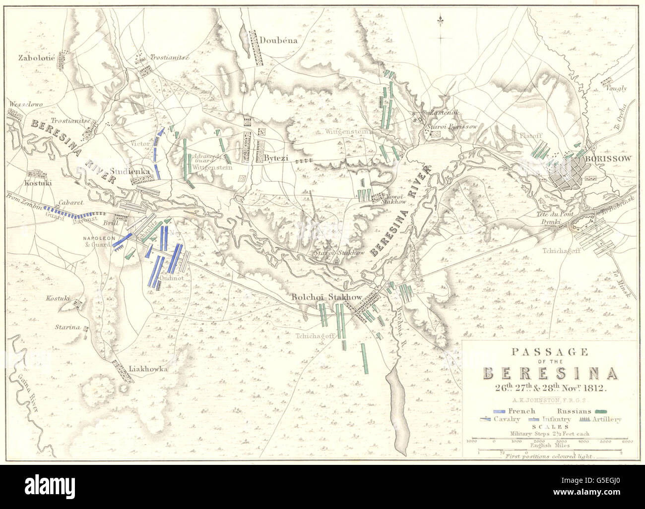 Schlacht an der BERESINA: 26., 27. & 28. November 1812. Belarus, 1848 alte Karte Stockfoto