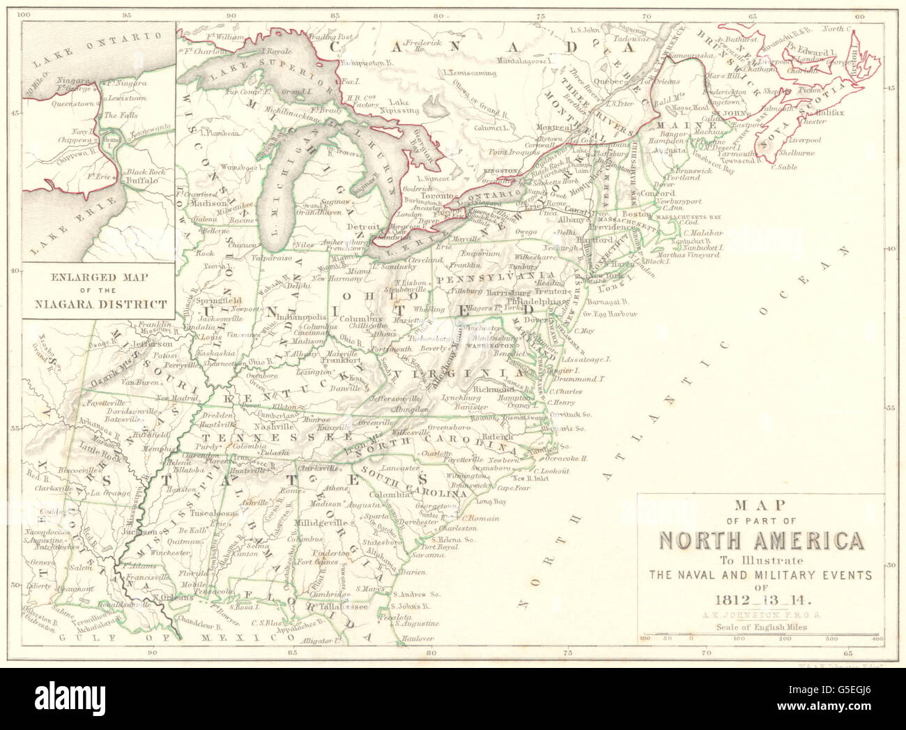 Nordamerika: Karte von. Naval & militärische Ereignisse. Napoleonische Kriege, 1848 Stockfoto