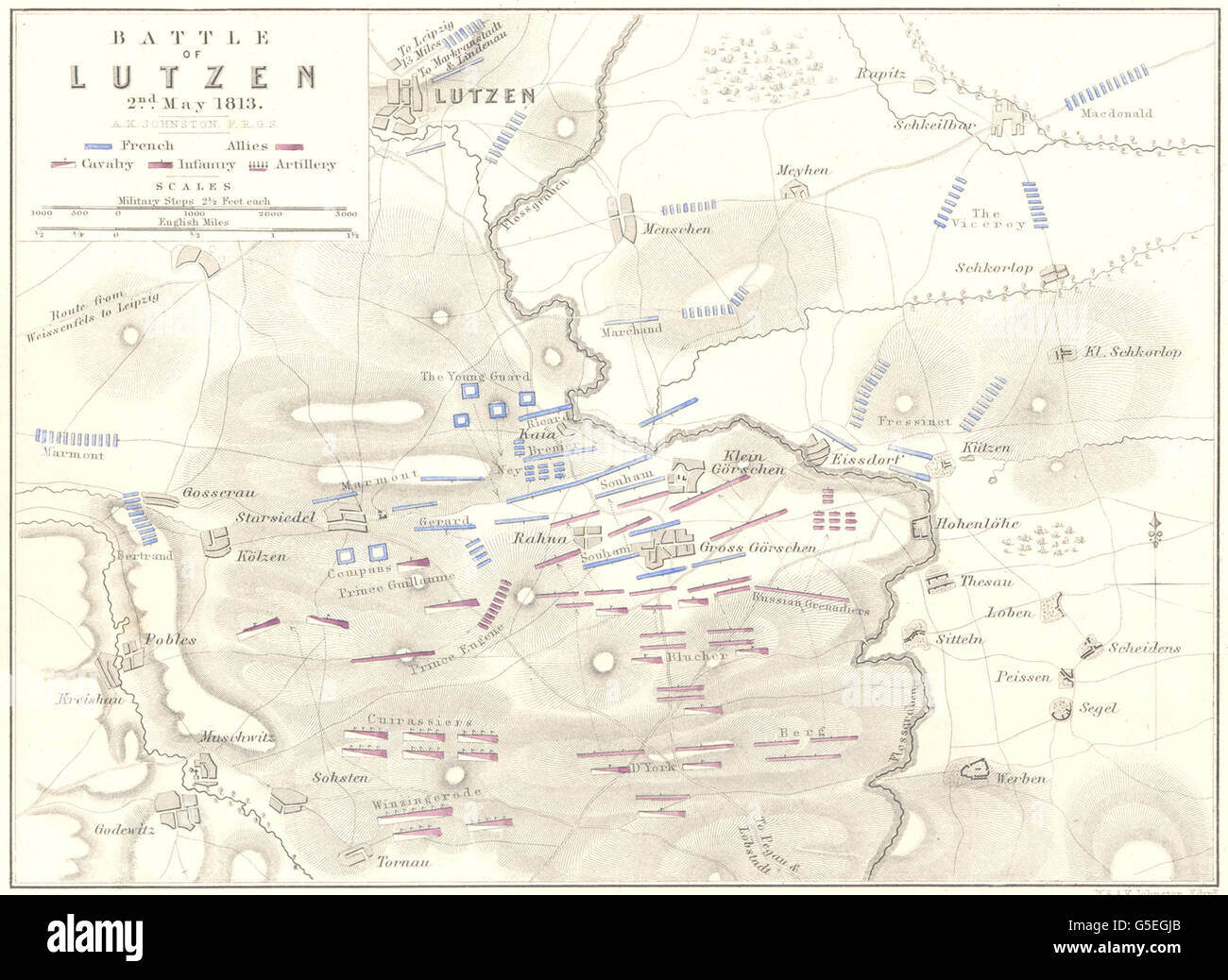 Schlacht von LUTZEN: 2. Mai 1813. Deutschland. Napoleonische Kriege, 1848 Antike Landkarte Stockfoto