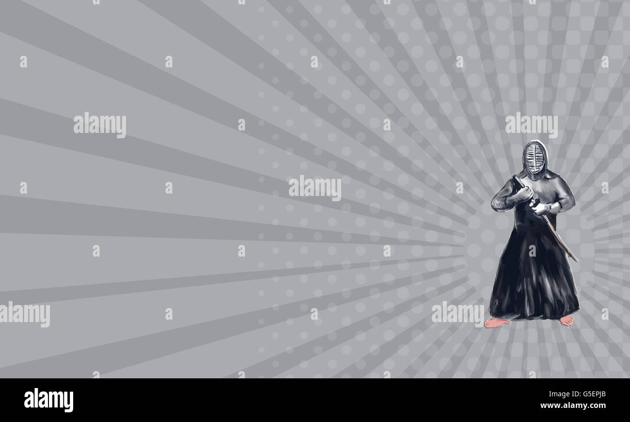 Visitenkarte mit Aquarell Stil Illustration des Kendo Kendōka Schwertkämpfer, eine moderne japanische Kampfkunst, die Verwendung von Bambus Schwert Shinai und schützende Rüstung Bōgu bei der Bekämpfung der Haltung gegenüber der vorderen Reihe auf isolierten weißen Hintergrund. Stockfoto