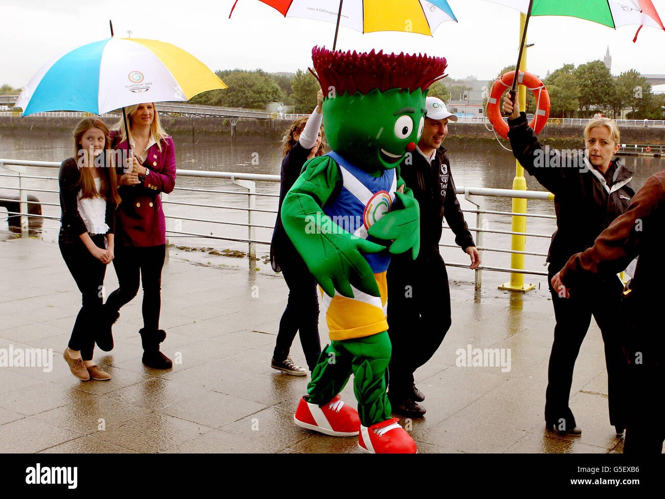Glasgow Commonwealth Games 2014 Maskottchen Clyde wird bei einer Zeremonie am Ufer des Flusses Clyde enthüllt. Stockfoto