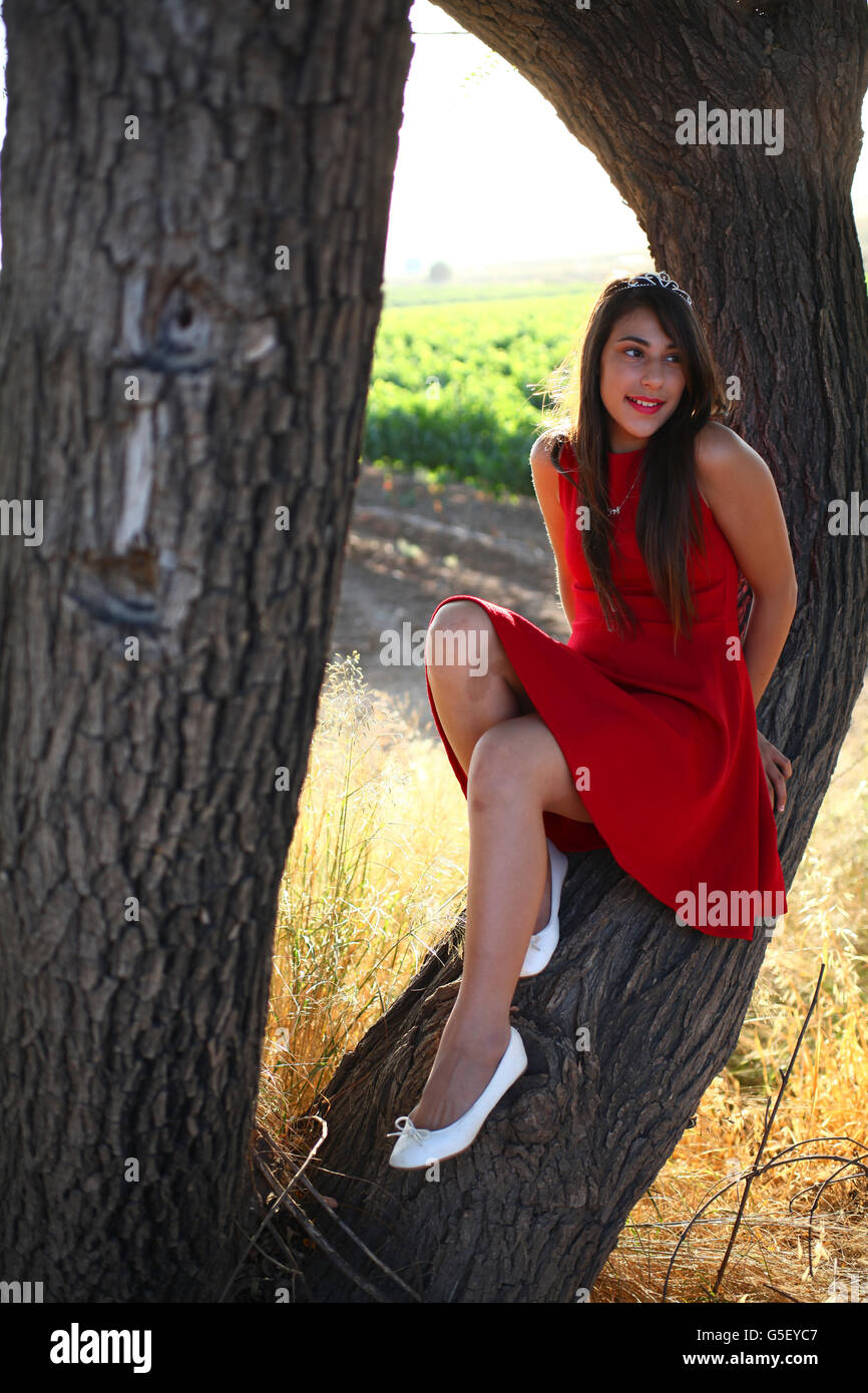 Teen im roten Kleid sitzt im Baum Stockfoto