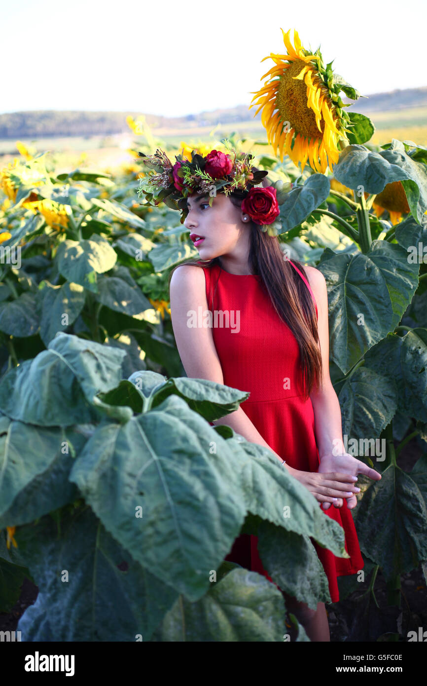 Preteen mit Kranz in einem Feld von Sonnenblumen Stockfoto
