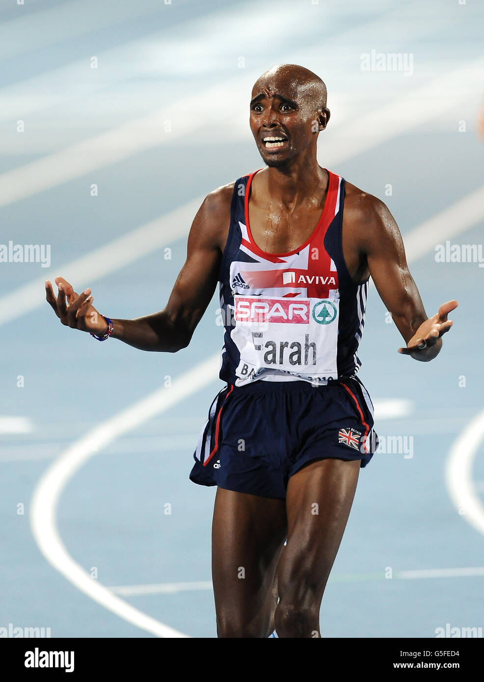 Der Brite Mo Farah gewinnt am fünften Tag der Europameisterschaft im Olympiastadion in Barcelona, Spanien, die 5000 Meter der Männer. Stockfoto