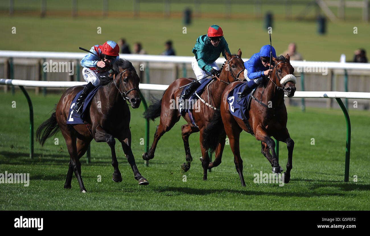 Red Avenger (links), geritten von Paul Hanagan geht auf den Sieg der Cambridge News Excellent Horseracing Coverage Nursery Handicap Stakes vor Darkening (rechts) geritten von Mickael Barzelona an zweiter Stelle während des ersten Tages des Cambridgeshire Festival auf Newmarket Racecourse. Stockfoto