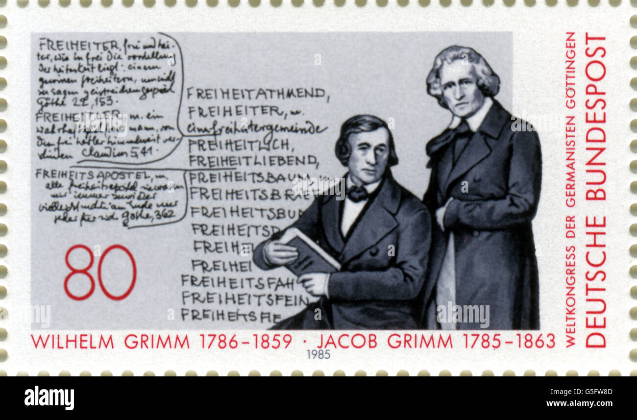Grimm, Wilhelm 24.2.1786 - 16 12.1859, deutscher Philologe, halbe Länge, mit Bruder Jacob, Briefmarken, 80 Pfennig, Viererblock, Deutsche Bundespost, 1985, Stockfoto