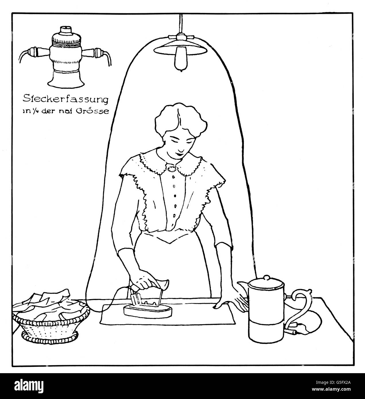 Haushalt, Bügeleisen und Kaffeekanne an Steckdosen an der Lampe angeschlossen, Zeichnung, um 1910, Zusatzrechte-Clearences-nicht vorhanden Stockfoto