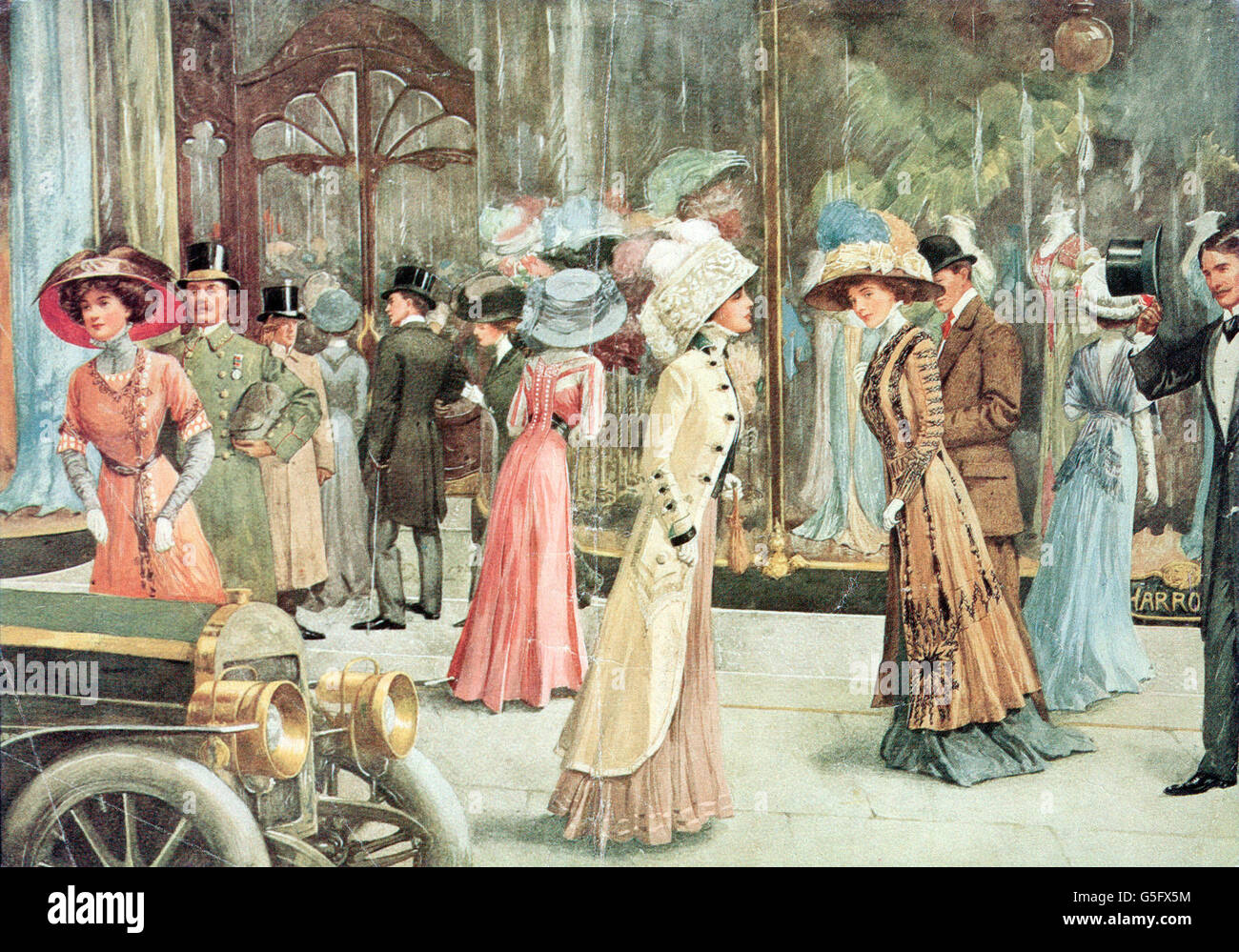 Mode, Anfang des 20. Jahrhunderts / Jahrhundertwende, Damen vor dem Kaufhaus Harrods, Chromolithographie, 1909, Zusatzrechte-Clearences-nicht erhältlich Stockfoto