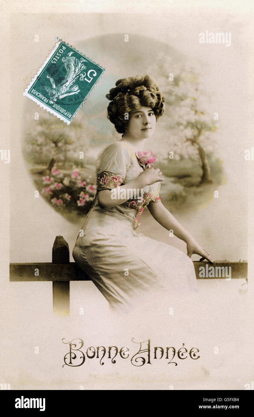 Festlichkeiten, Silvester, 'Bonne Annee' (Happy New Year), Neujahrsgrusskarte, farbige Postkarte, um 1910, zusätzliche-Rights-Clearences-not available Stockfoto