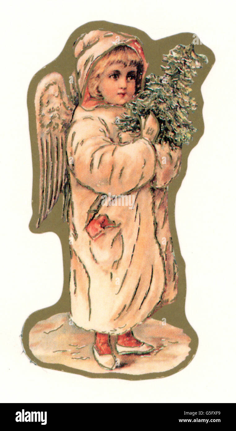 Kitsch / Karten / Souvenir, Engel mit Tannenzweig, um 1900, Zusatz-Rechte-Clearences-nicht vorhanden Stockfoto