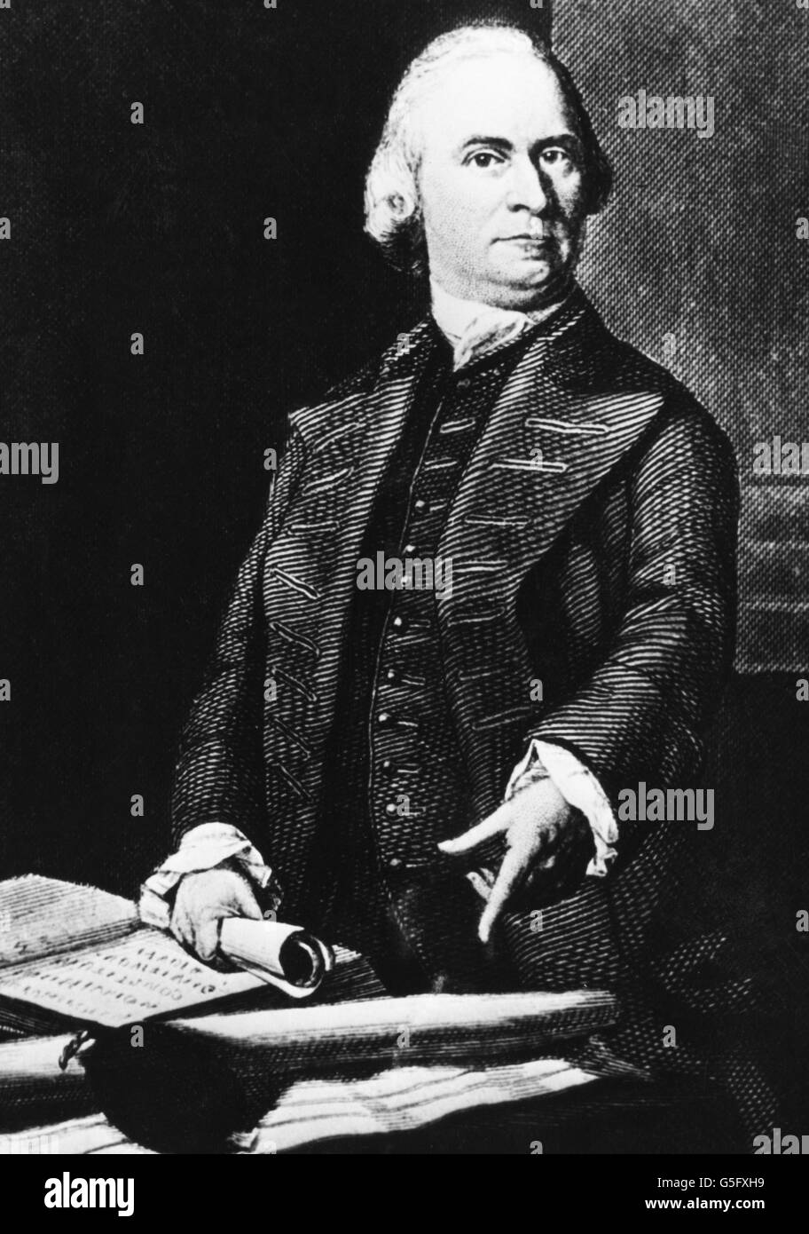 Adams, Samuel, 27.9.1722 - 2.10.1803, US-amerikanischer Politiker, halbe Länge, mit der Charta von Massachusetts, Kupferstich nach dem Lackieren von John Copley, circa 1772, Artist's Urheberrecht nicht geklärt zu werden. Stockfoto