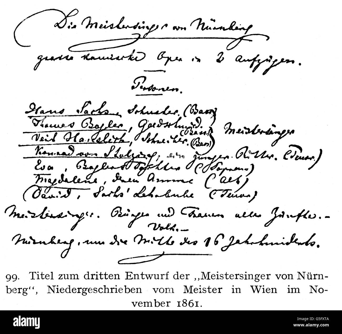 Theater, Oper, 'die Meistersinger von Nürnberg', von Richard Wagner, Titel für den dritten Entwurf, Wien, November 1861, Zusatzrechte-Clearences-nicht vorhanden Stockfoto