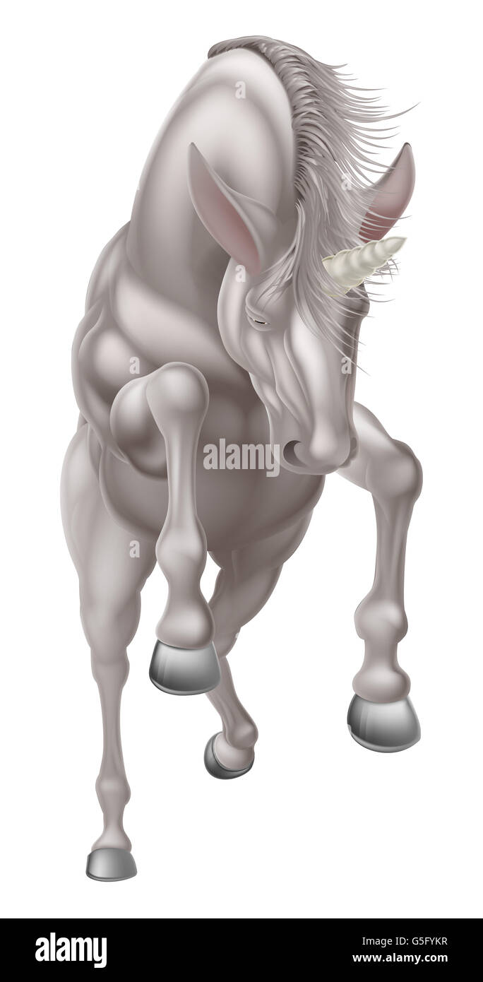 Ein Beispiel für ein weißes Einhorn mythologische Pferd auf seinen Hinterbeinen Aufzucht oder laufen oder springen von vorne gesehen Stockfoto