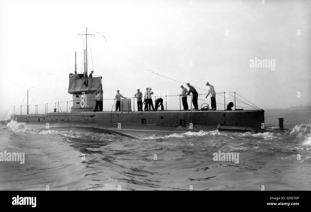 HMS E1, ein U-Boot der britischen E-Klasse, im Jahr 1914. Während des Ersten Weltkriegs war sie Teil der britischen U-Boot-Flottille in der Ostsee. Stockfoto
