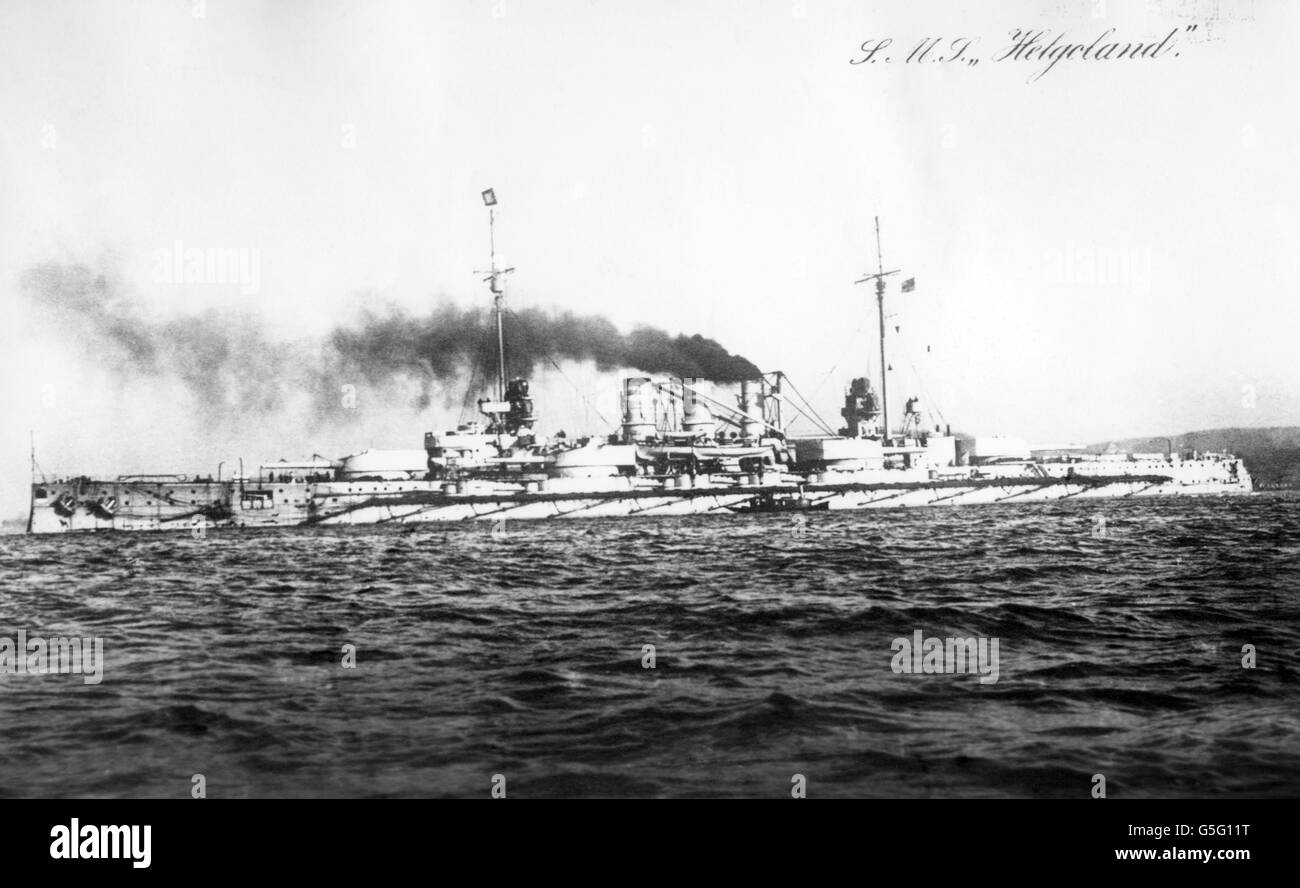 Erster Weltkrieg - Deutsche Kaiserliche Marine - Helgoland. Ein Schlachtschiff vom 'Helgoland' der deutschen Marine. Stockfoto