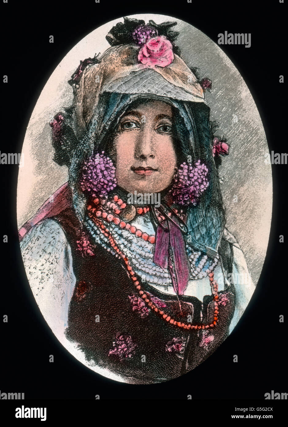 Eine Frau aus der Volksgruppe der Schokatzen. Eine Frau aus der Volksgruppe der Sokci. Rumänien, Südosteuropa, Balkan, Geschichte, historisches, 1910 s, 1920er-Jahre des 20. Jahrhunderts, Carl Simon, archivieren hand farbigen Glas-Folie, Frau, Illustration, Array, Porträt Stockfoto