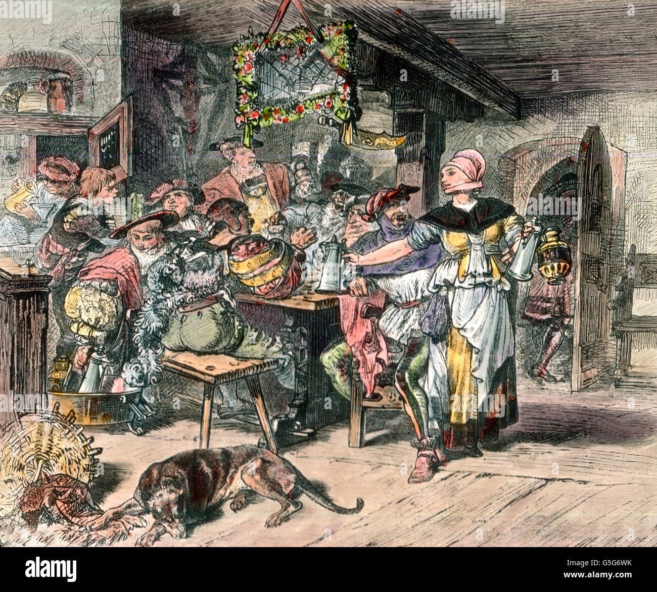 Zechender Landsknecht. Lansquenet schlemmen. Soldat, Soldat, Dreißigjährigen Krieg, Pub, trinken, Säufer, Menschen, Kellnerin, servieren, Alkohol, Drogen, Geschichte, historisch, Illustration, 1910er Jahre, der 1920er Jahre des 20. Jahrhunderts zu archivieren, Carl Simon, Hund, farbigem Glas Folie von hand Stockfoto