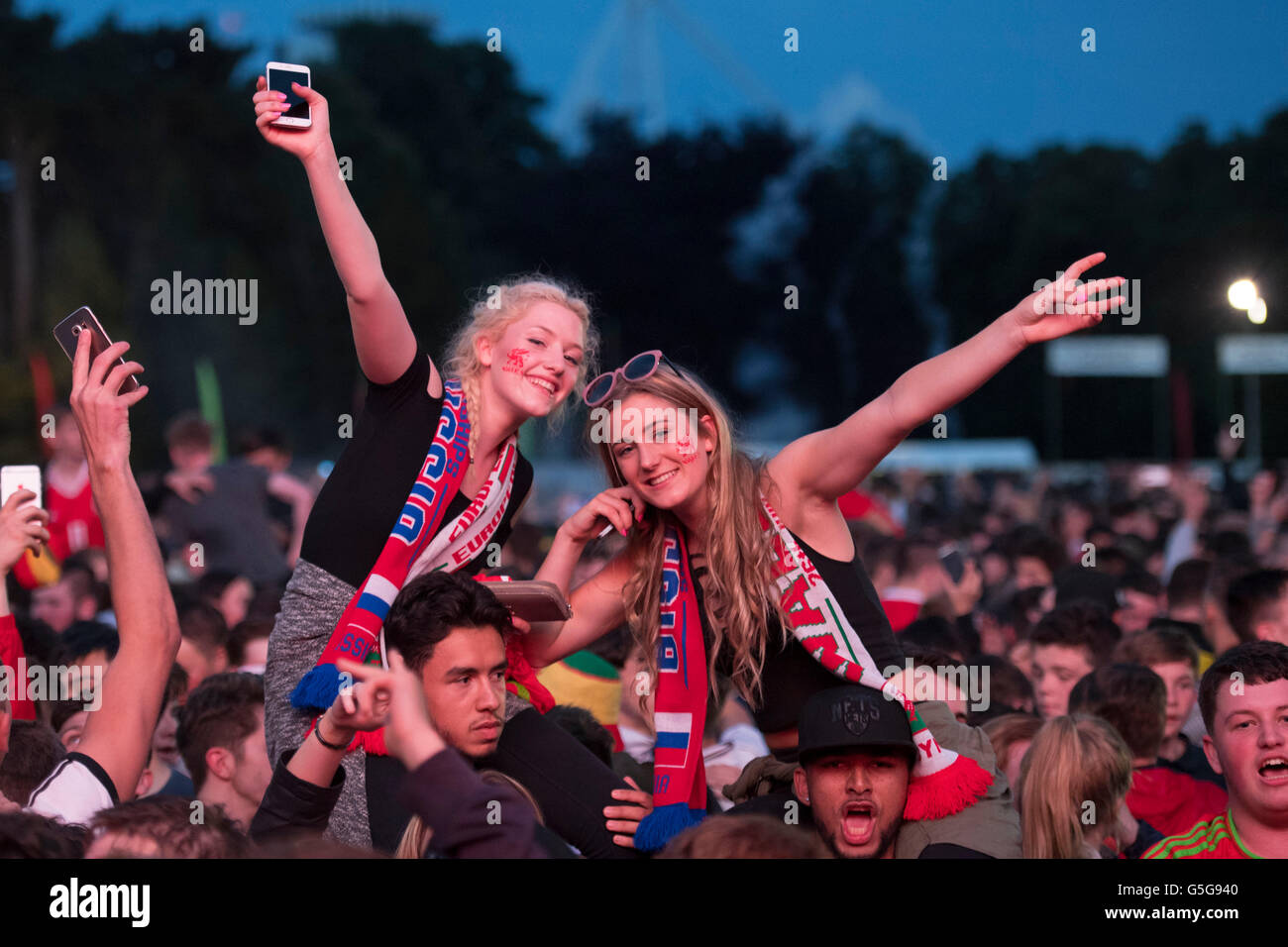 Wales-Fußball-Fans feiern nach gerade ihre Fußball-Nationalmannschaft in der Gruppe B der Euro 2016 Russland schlagen. Stockfoto