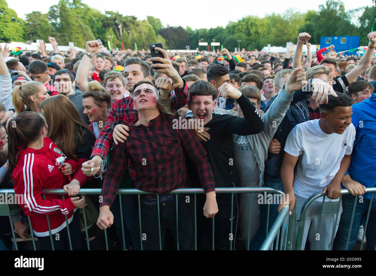 Wales Fußballfans bei der Wales-Unterstützer Fanzone in Coopers Feld, Cardiff, für die Euro 2016 Wales V Russland Spiel. Stockfoto