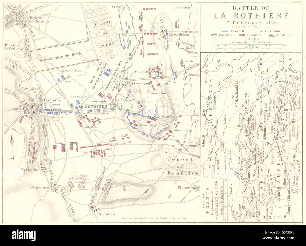 Schlacht von ROTHIÈRE: 1. Februar 1814; Erklärende Kampagne. Frankreich, 1848 alte Karte Stockfoto