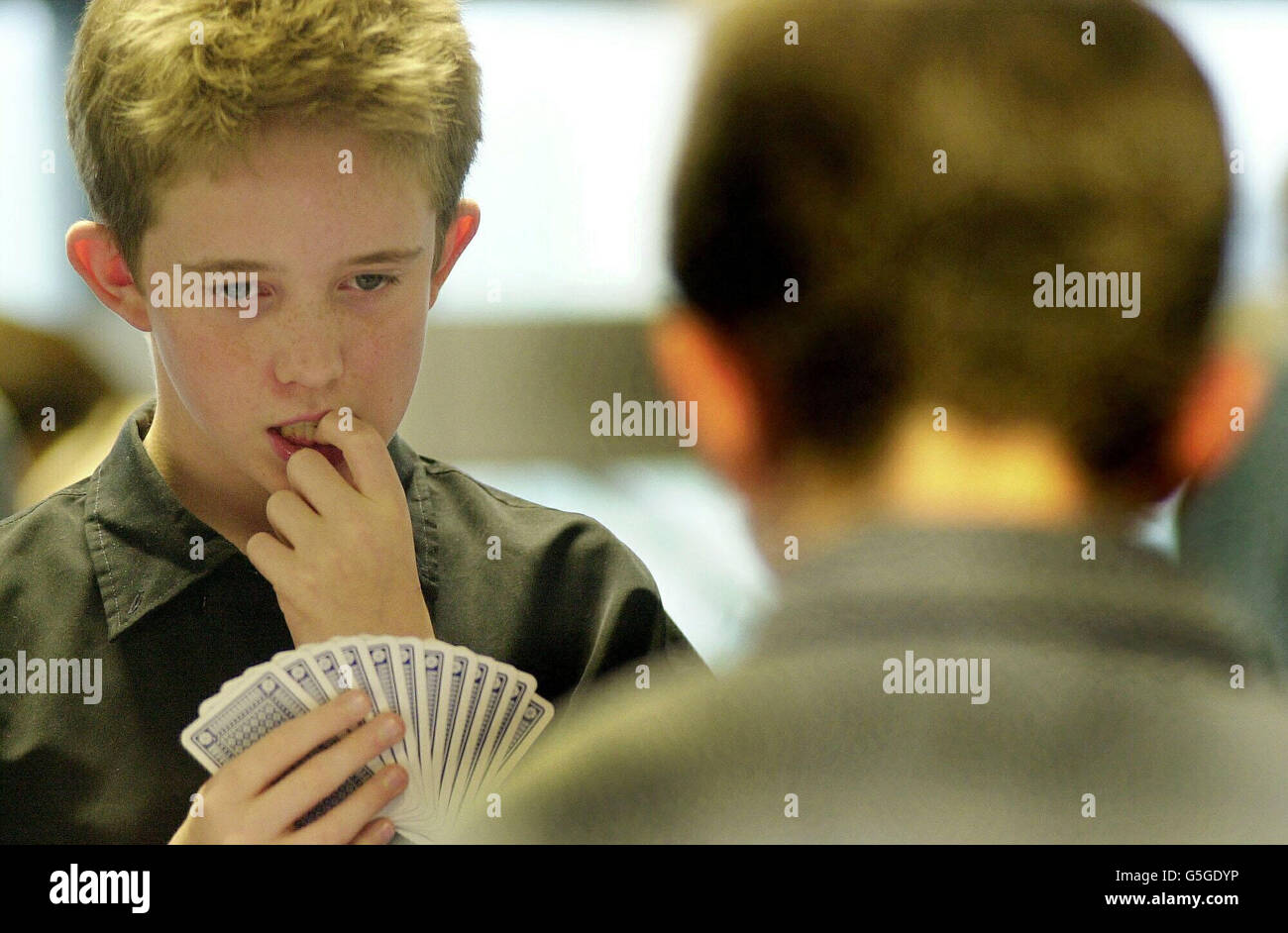 Ein junger Konkurrent plant seinen nächsten Schritt in einem Brückenspiel bei der fünften Mind Sports Olympiade, Wandsworth. Das zehntägige Turnier veranstaltet ein ganzes Spektrum an mentalen Spielen, die traditionell variieren, wie Schach, Backgammon, Poker und Drafts. Es beherbergt auch modernere Spiele und die Obskuren wie das Brettspiel "Settlers of Catan", und die Welt "speed reading" Meisterschaften. Stockfoto