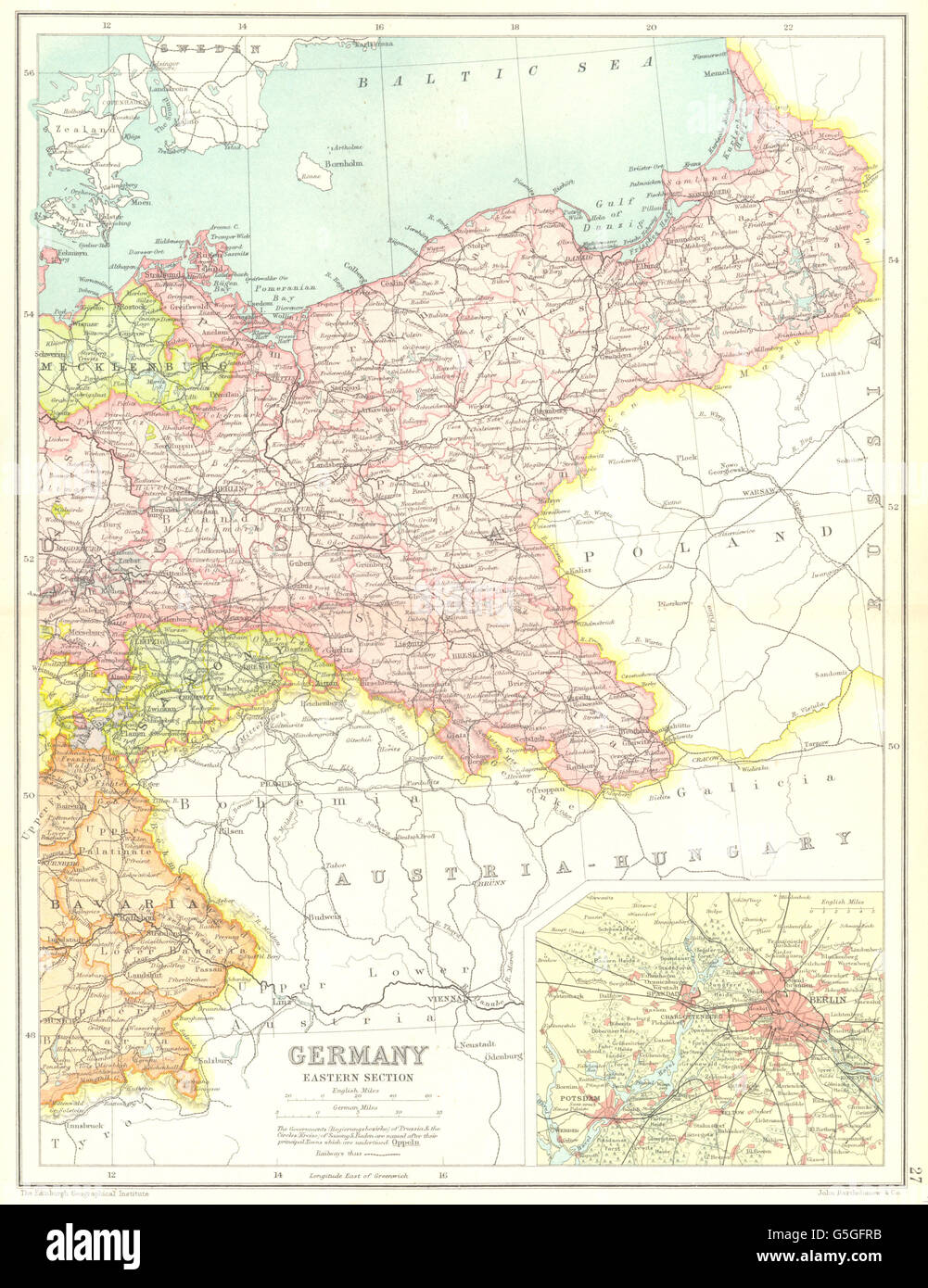 Ostdeutschland: Einpresstiefe Berlin. Preußen. Eisenbahnen. Cassells, 1909 Antike Landkarte Stockfoto