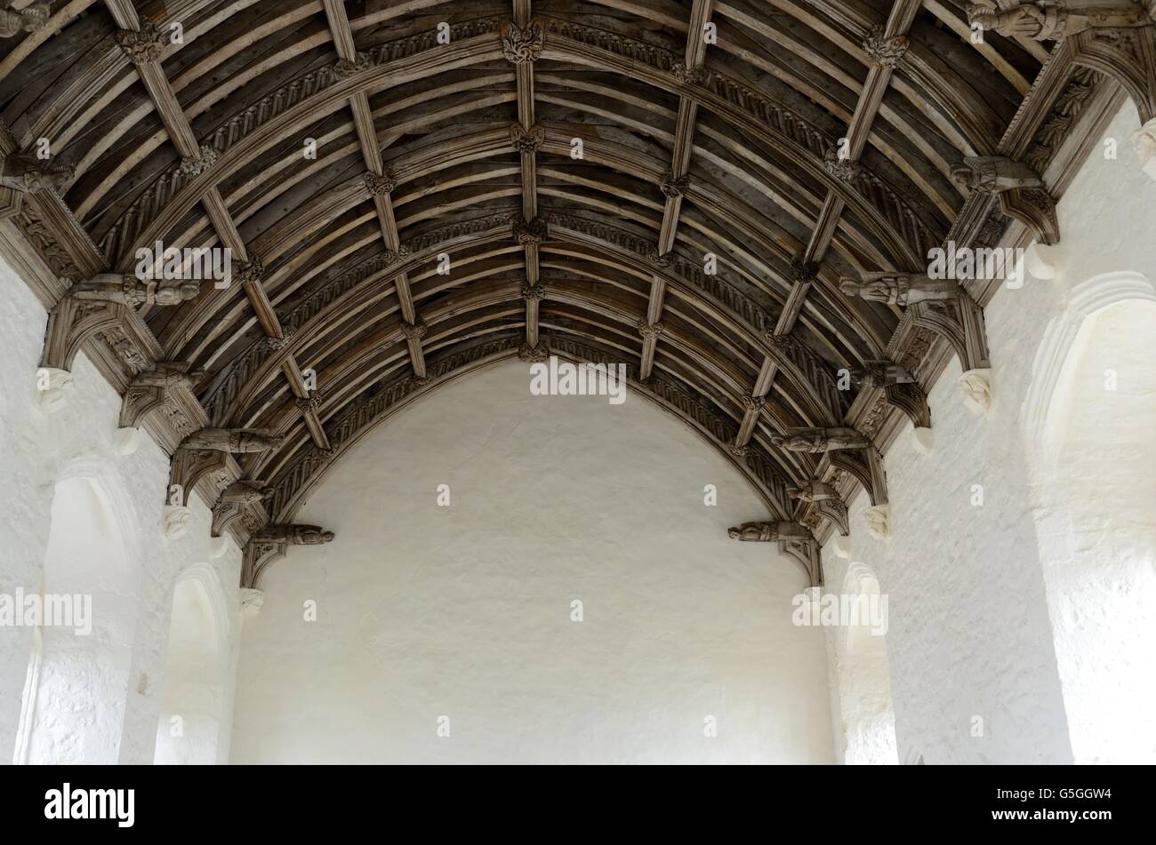 Geschnitzten hölzernen Dach das Refektorium Cleeve Abbey Zisterzienser Kloster Washford Watchet Somerset Stockfoto