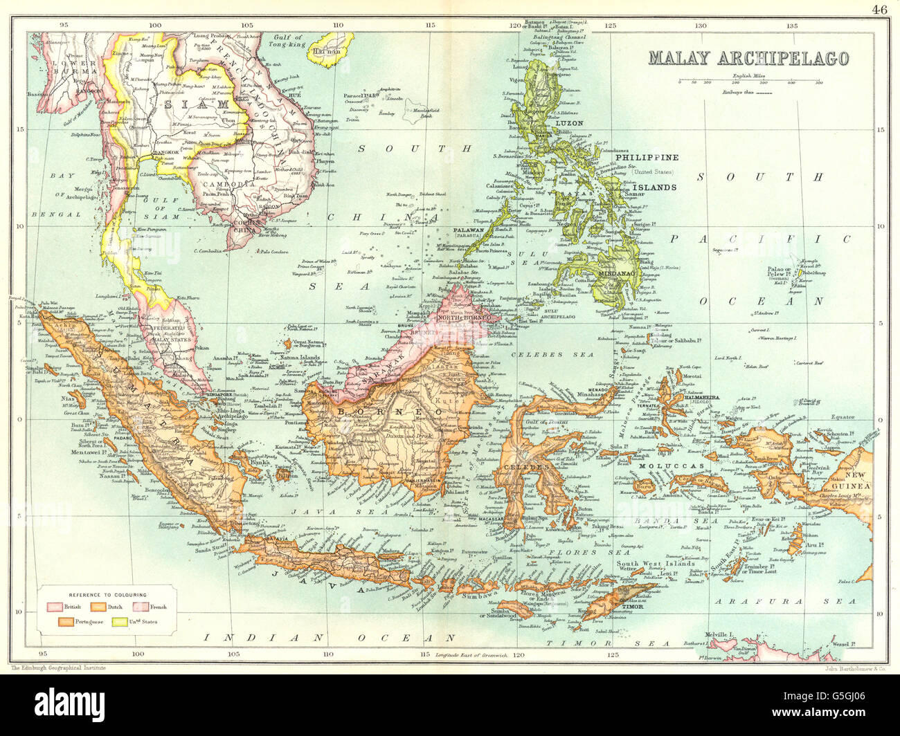 MALAIISCHEN Archipel Indonesien Philippinen Malaya Indochina britische Holländisch, 1909-Karte Stockfoto
