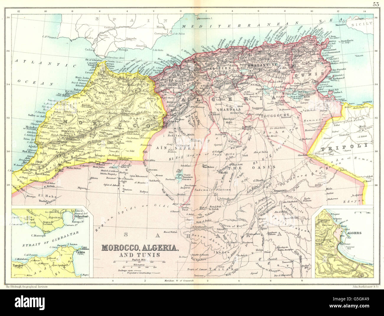 Nordafrika Maghreb: Marokko-Algerien-Tunesien; Gibraltar; Algier, 1909-Karte Stockfoto