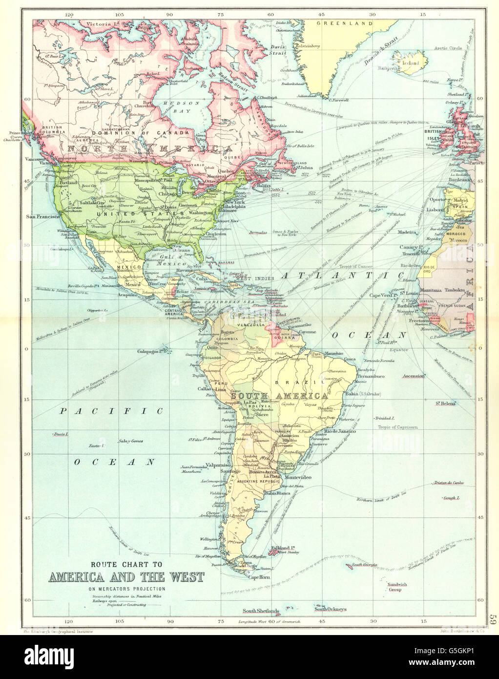 Amerika ATLANTIC: Dampfschiff Strecken zwischen Europa und Amerika, 1909-Karte Stockfoto