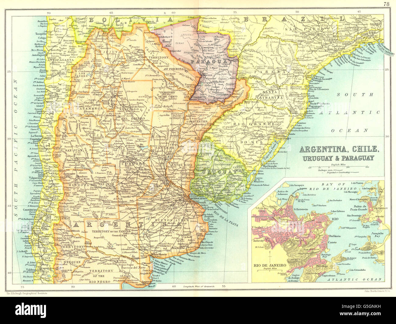 Süd-Amerika: Brasilien-Argentinien-Chile-Uruguay-Paraguay; Rio de Janeiro, 1909 Karte Stockfoto