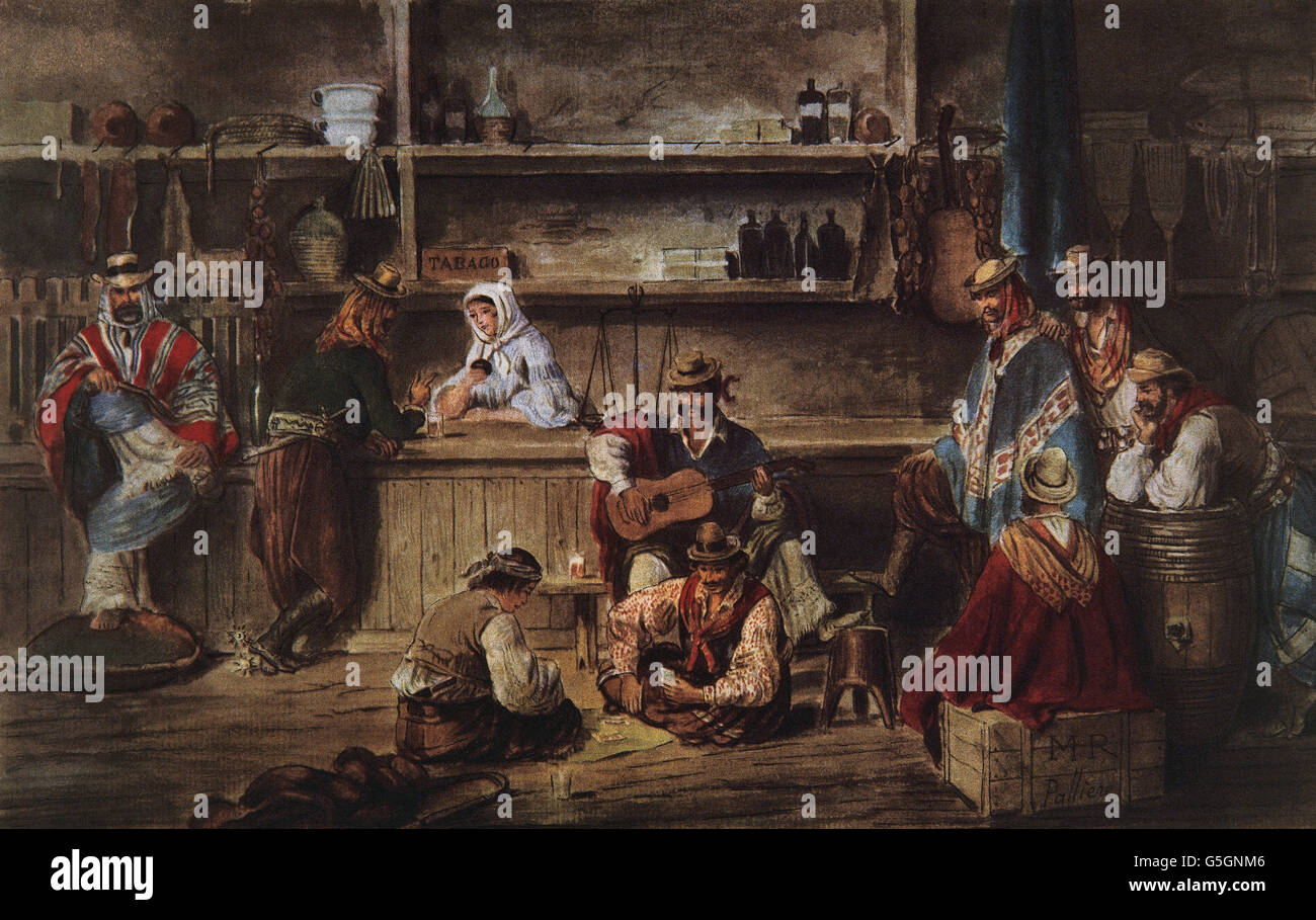 Argentinien. des 19. Jahrhunderts. Pulperia. Innenraum. Aquarell von Palliere, 1858. Nationales Historisches Museum. Buenos Aires. Argentinien. Stockfoto