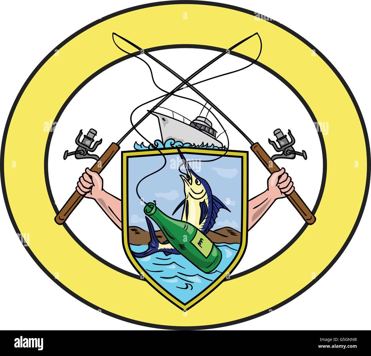 Zeichnung Skizze Stil Illustration von Hand mit Angelrute und Rolle Einhängen einer Bierflasche und blauen Marlin Fisch setzen auf ein Schild Wappen mit Angelboot/Fischerboot an der Spitze im inneren ovalen Form getan. Stock Vektor