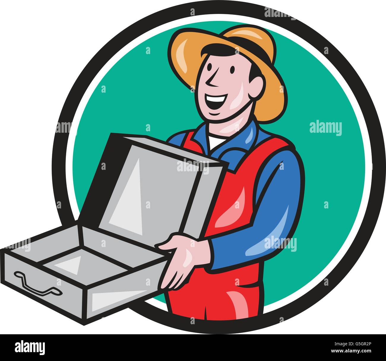 Abbildung eines Mannes mit Hut und Overalls halten einen leeren offenen Koffer set im inneren Kreis auf isolierte Hintergrund in getan Stock Vektor