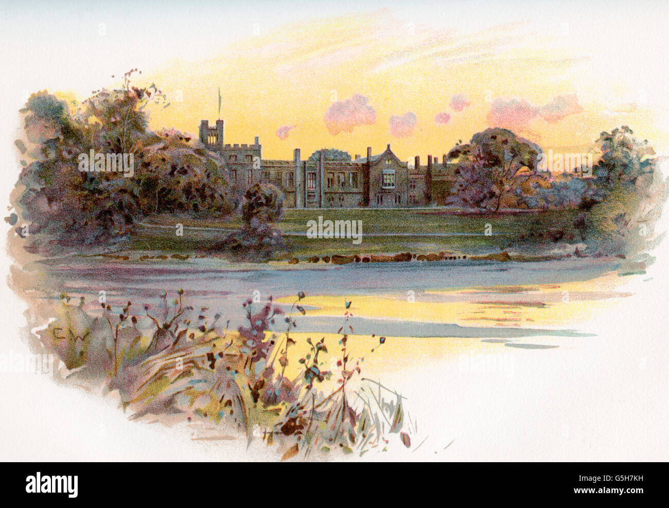 Newstead Abbey, Nottinghamshire, England im 19. Jahrhundert.  Newstead Abbey ist bekannt als die angestammte Heimat des Dichters Lord Byron. Stockfoto