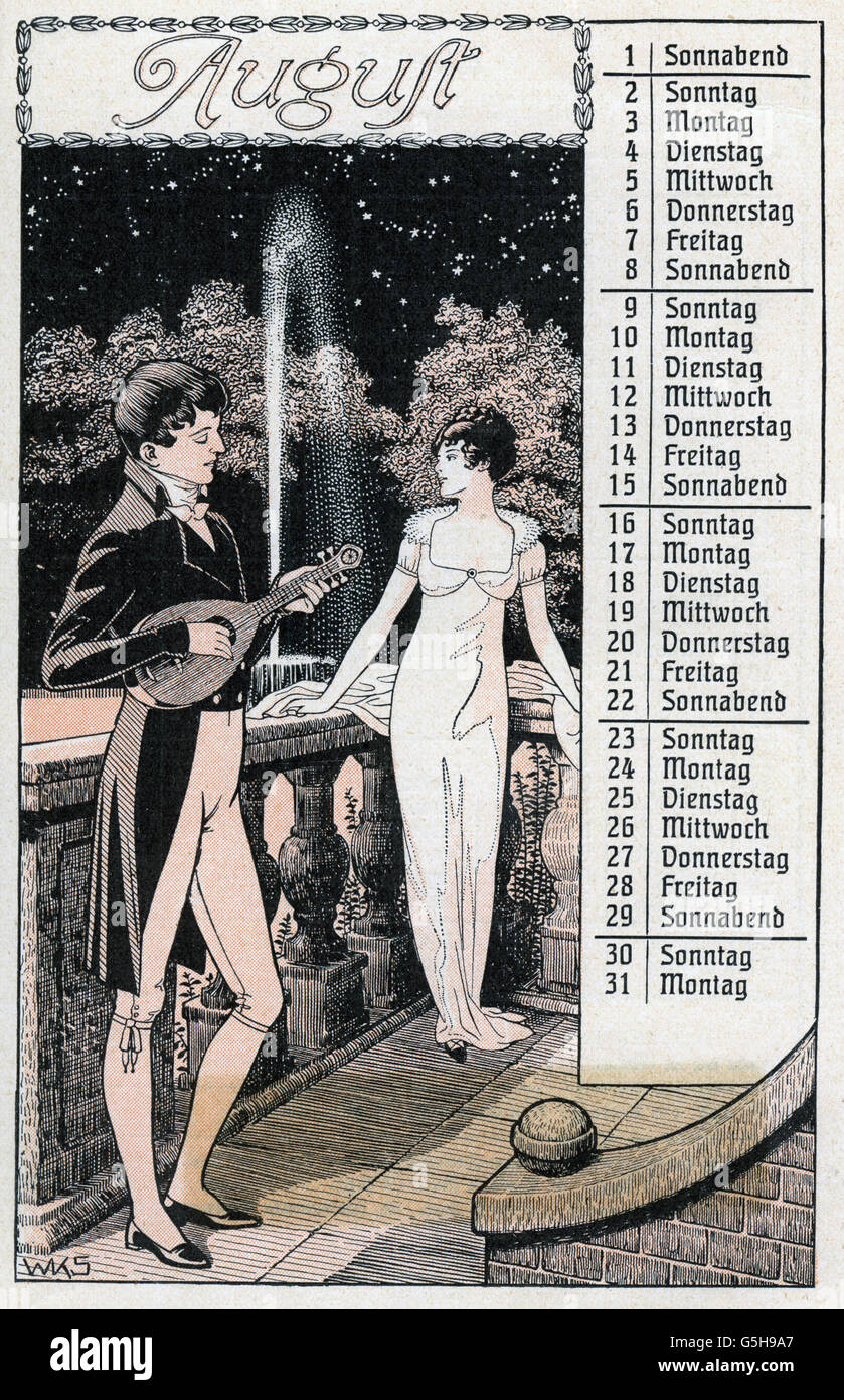 Kalender, Kalenderblatt, Monat August, Deutschland, um 1905, zusätzliche-Rights-Clearences-nicht verfügbar Stockfoto