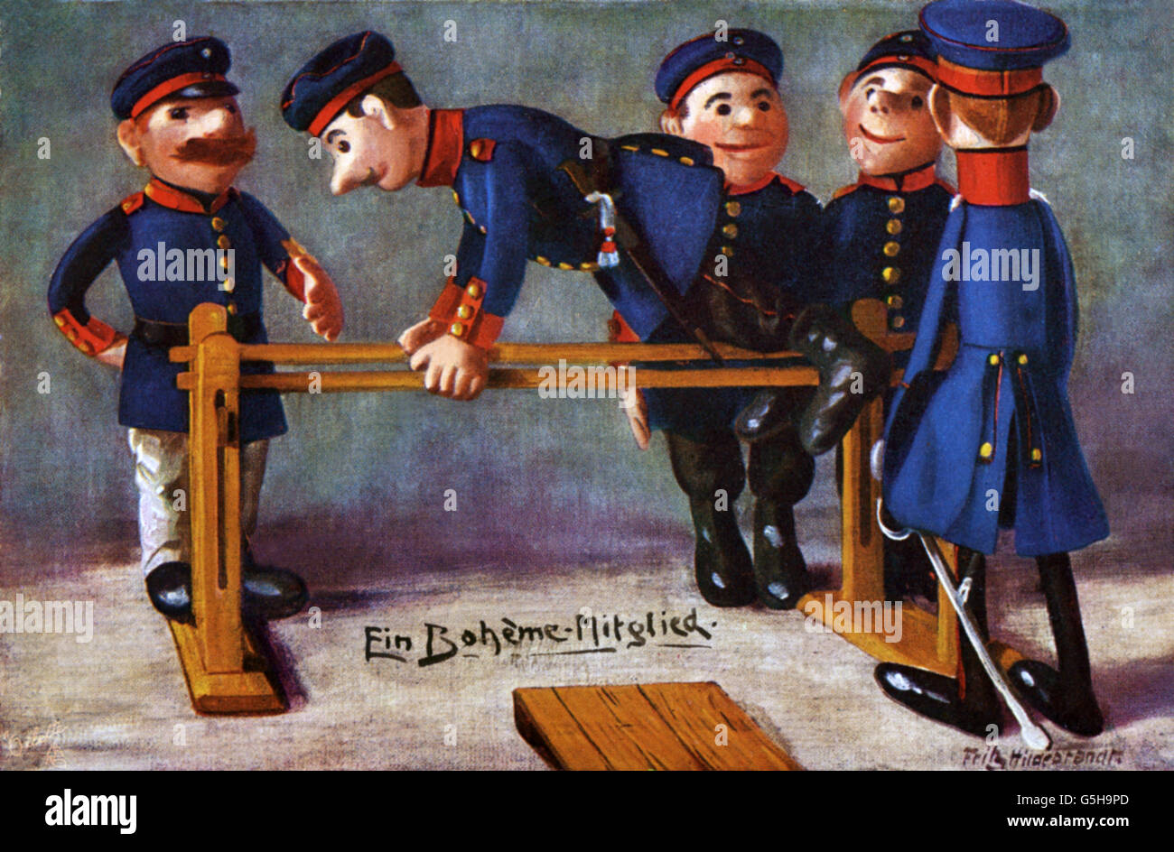 Militär, Deutschland, Karikatur, 'ein Boheme-Mitglied', Soldat auf den parallelen Takten, Zeichnung von Fritz Hildebrandt, Postkarte, um 1910, Zusatzrechte-Clearences-nicht vorhanden Stockfoto