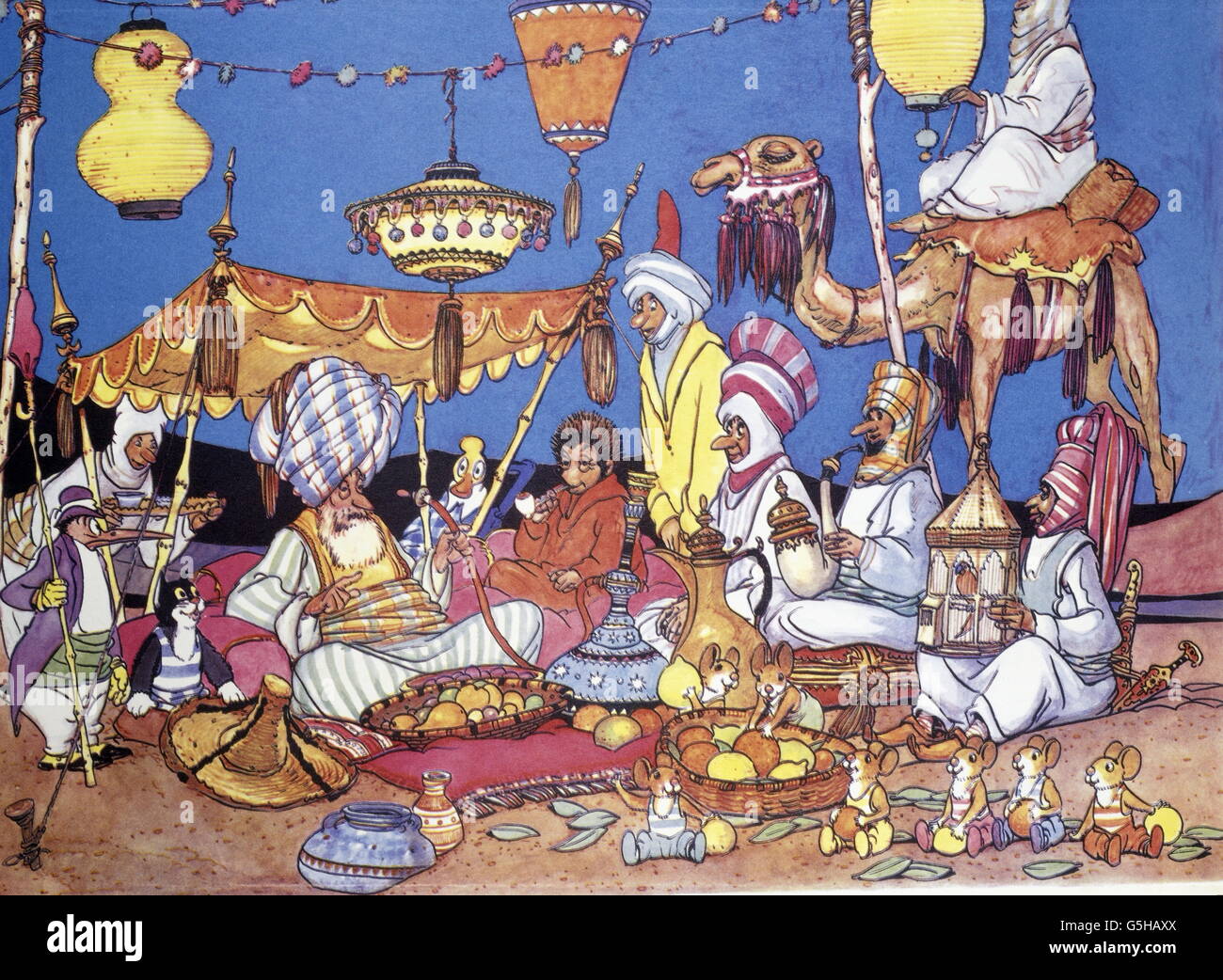 Literatur, Märchen, 'Mecki bei Sindbad', Bildband, 'wie wir in der Oase eintrafen', 1962, Zusatz-Rechteklärung-nicht vorhanden Stockfoto